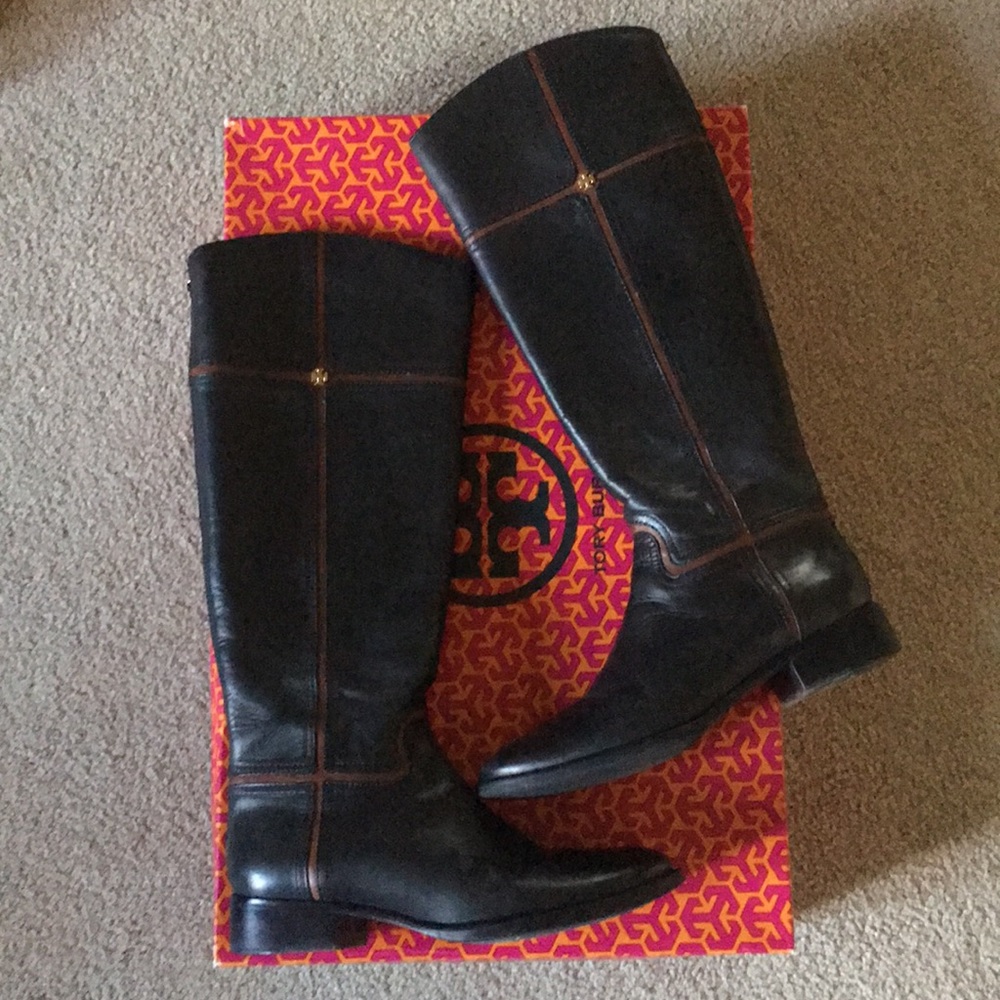 Tory Burch Juliet Black Brown Riding Boots 8.5